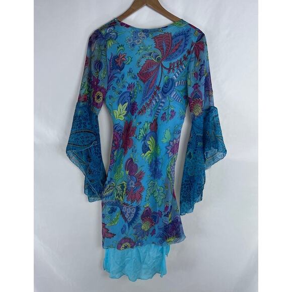 Midnight Sun Asymmetrical Women's Dress Size Small Blue BoHo Flounce Sleeve - Picture 2 of 8